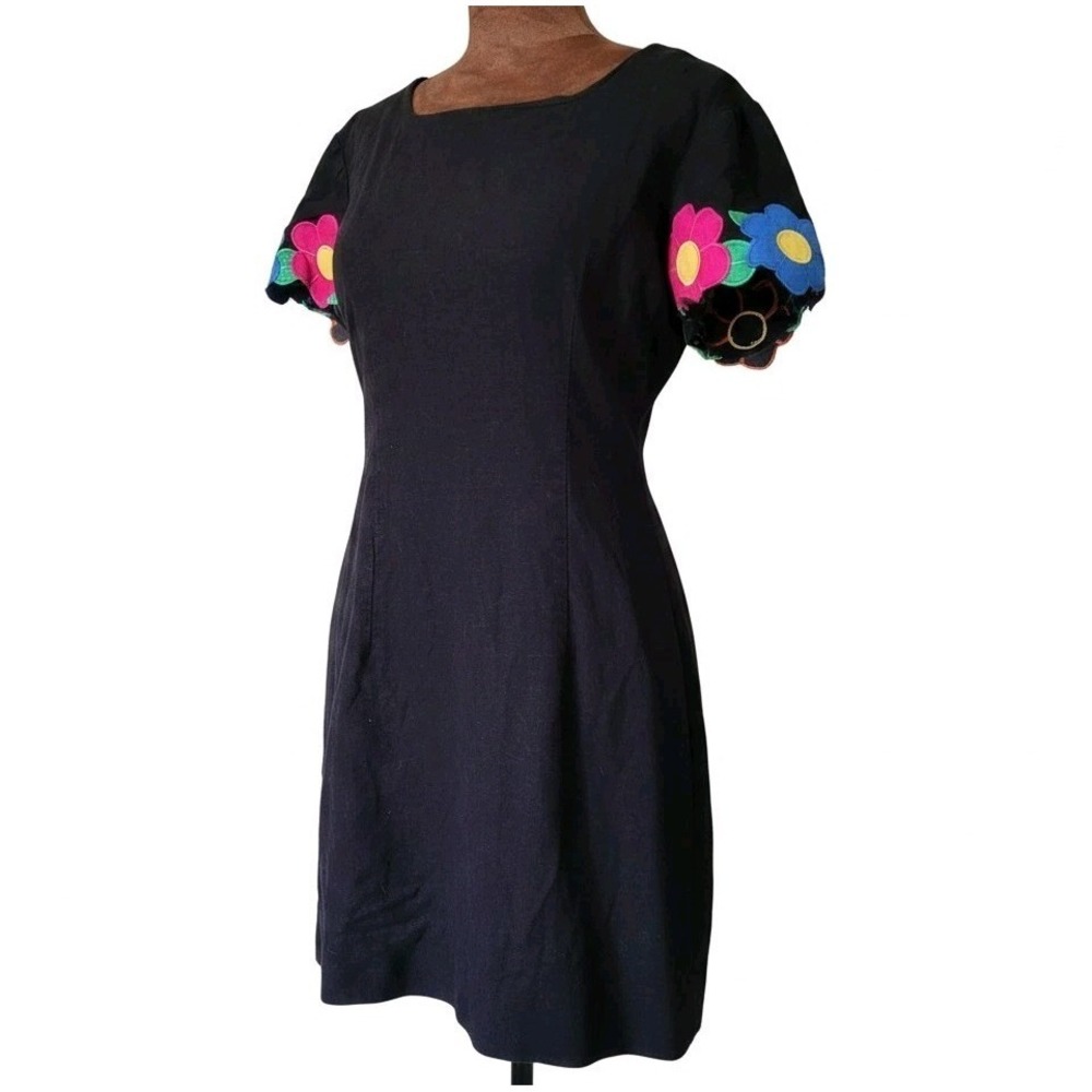 Vintage Sharon Young Dress Size 6 Linen Blend Retro Floral Embroidered Sleeve